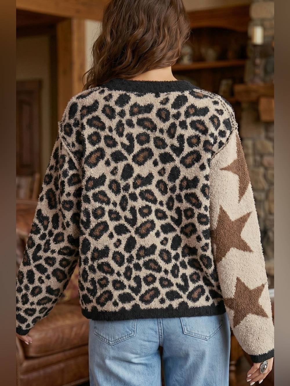 Leopard Star Pattern Round Neck Long Sleeve Shift Sweater - Picture 8 of 15